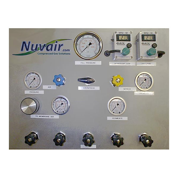 Nuvair air/nitrox fill panel with gas analyzers and high-pressure air supply regulator for membrane